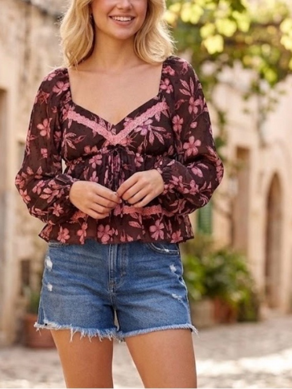 Pink Lily floral babydoll top, sheer long sleeve lace trim boho large
